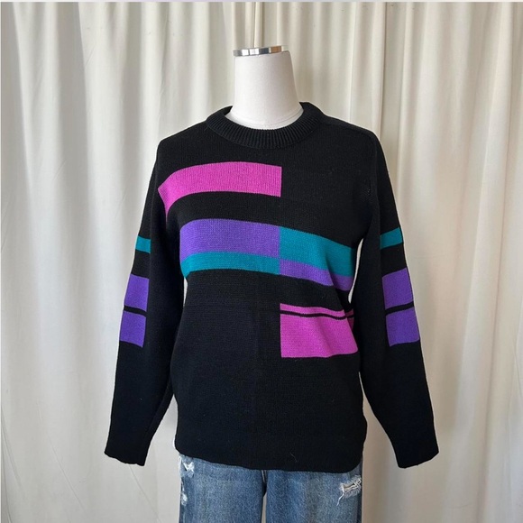Vintage 100% Wool Geometric color block sweater medium - Picture 3 of 8